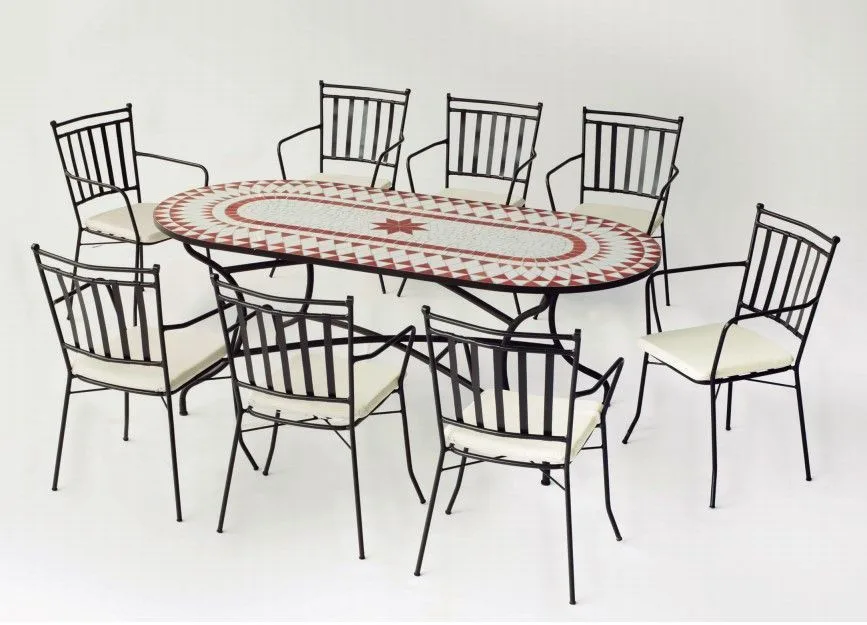 Conjunto mesa ovalada mosaico y 8 sillas forja Neypal 150