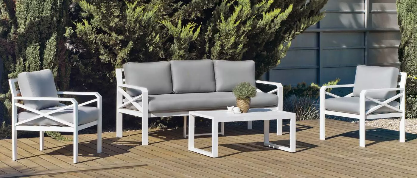 Conjunto sofá jardín aluminio 3 plazas Lausana 8
