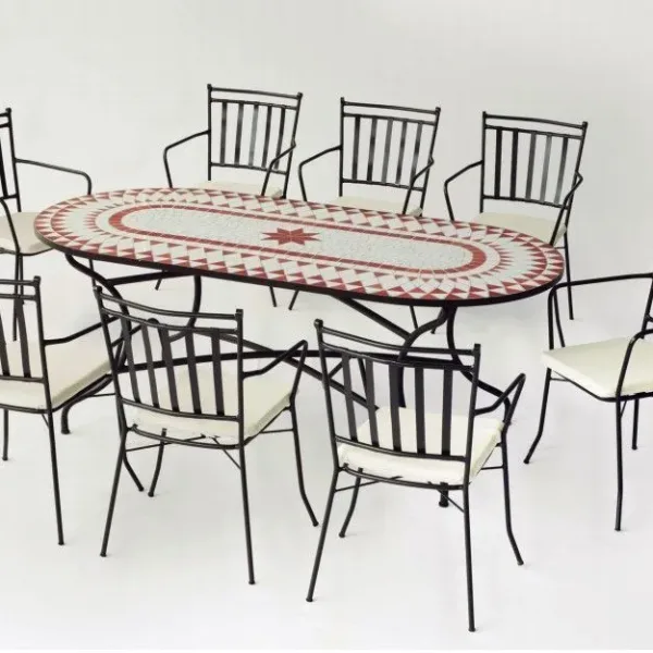 Conjunto mesa ovalada mosaico y 8 sillas forja Neypal 150