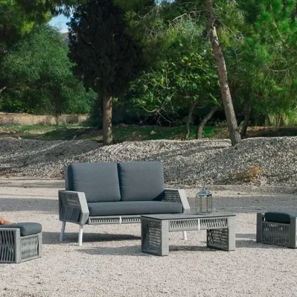 Mesa de centro para jardín rectangular de aluminio, cuerda y tapa de HPL Nápoles