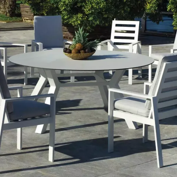 Mesa de comedor redonda en aluminio blanco y tablero HPL Sumatra